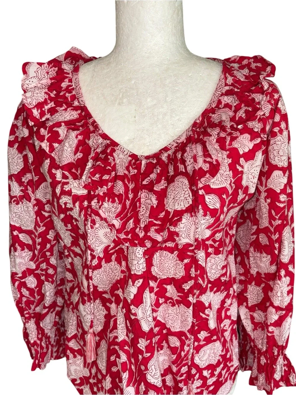 Anthropologie Mille May Red Zinnia Floral Print Ruffle Tie Neck Blouse - XXS +